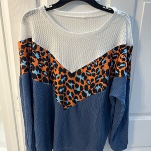 Amazon Blue and Leopard Print Long Sleeve Top